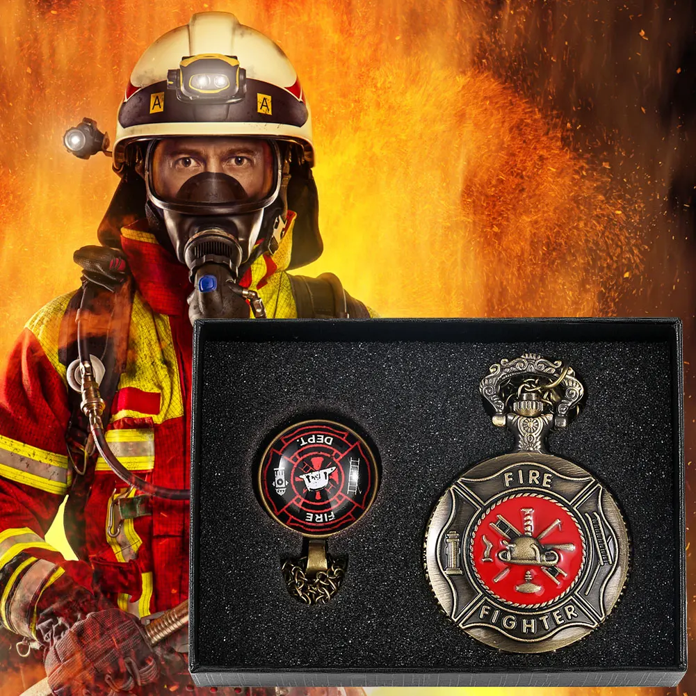 Retro Men Quartz Pocket Watch Necklace Souvenir Gifts for Firefighters Red Fire Sign Pedent Pocket Watch Fob Chain Clock