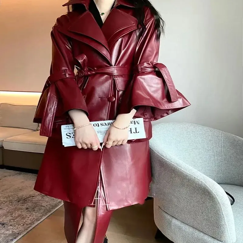 (Yihaodi Clothes) High class leather clothes for women in 2022 autumn and winter new style suit collar bell sleeve tie waist fas
