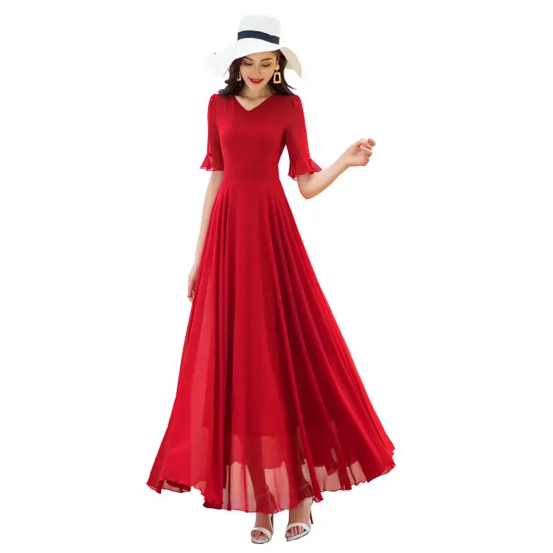 Женское шифоновое платье-рубашка длинное пляжное платье с рукавом до локтя