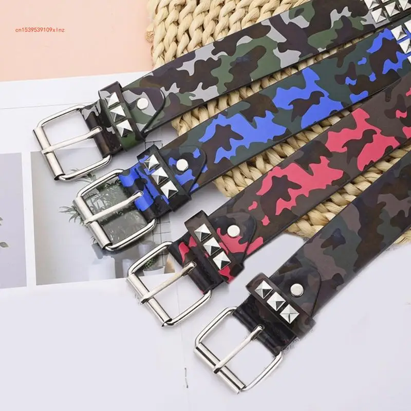 

Stylish Camo Leather Belt with Pyramid Studs for Adults