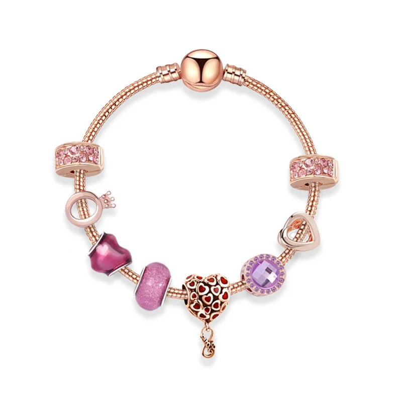 

New Ladies Love Glass Beads Rose Gold Beaded Charms Bracelet for Women Luxury Jewelry Pandora Gifts Kid Girl