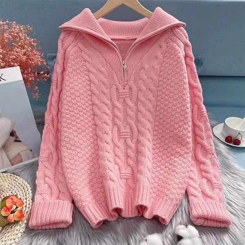 

Wool Cashmere Knitted Sweater Women Turtleneck Zipper Pullover Winter Vintage Oversize Long Sleeve Tops Twist Thick Jumper G313
