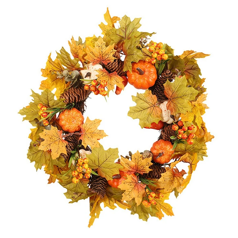 

Artificial Fall Wreath, Autumn Wreath with Maple Leaves Pumpkin Pine Cone and Berries, for Front Door Thanksgiving Decor