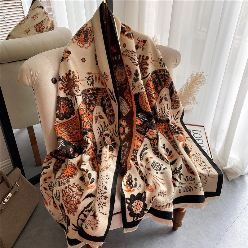 

Scarf Women Autumn Winter Cashmere Thick Shawls Wraps Female Warm Pashmina Poncho Design Print Bufanda Stoles Blanket