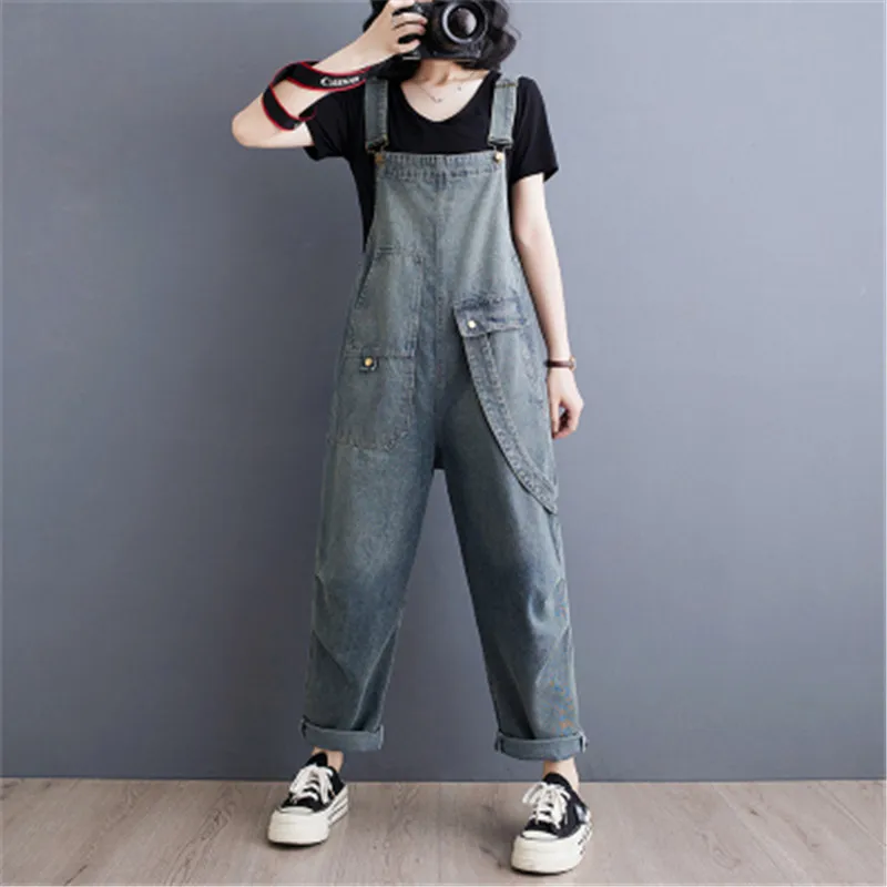 Женский джинсовый комбинезон в стиле ретро Модный с диагональными карманами