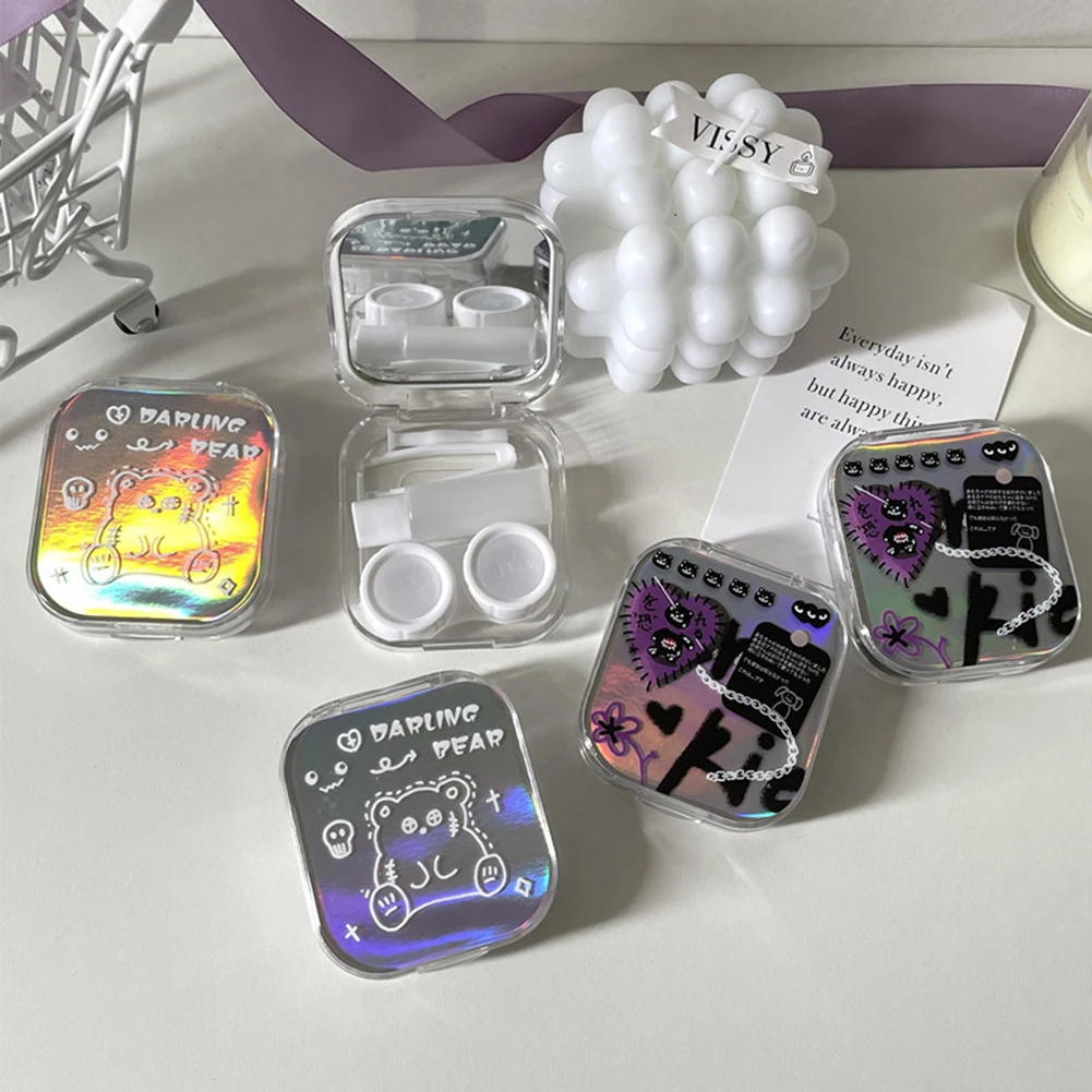 

Laser Bear Printed Square Cover Contact Lens Case Box With Mirror Colored Lenses Container Lens Storage Box Travel Set Gift Girl