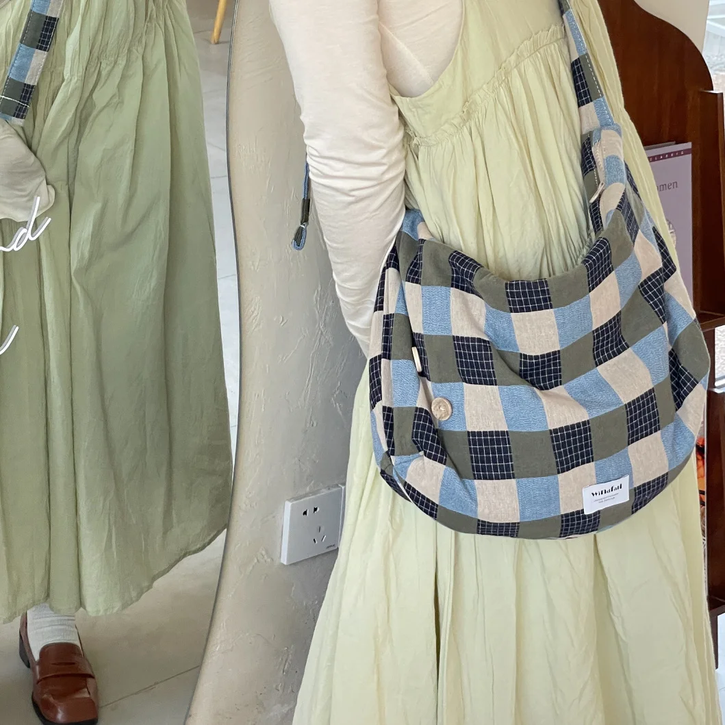 Винтажная клетчатая сумка-хобо Миягава повседневная японская Корейская