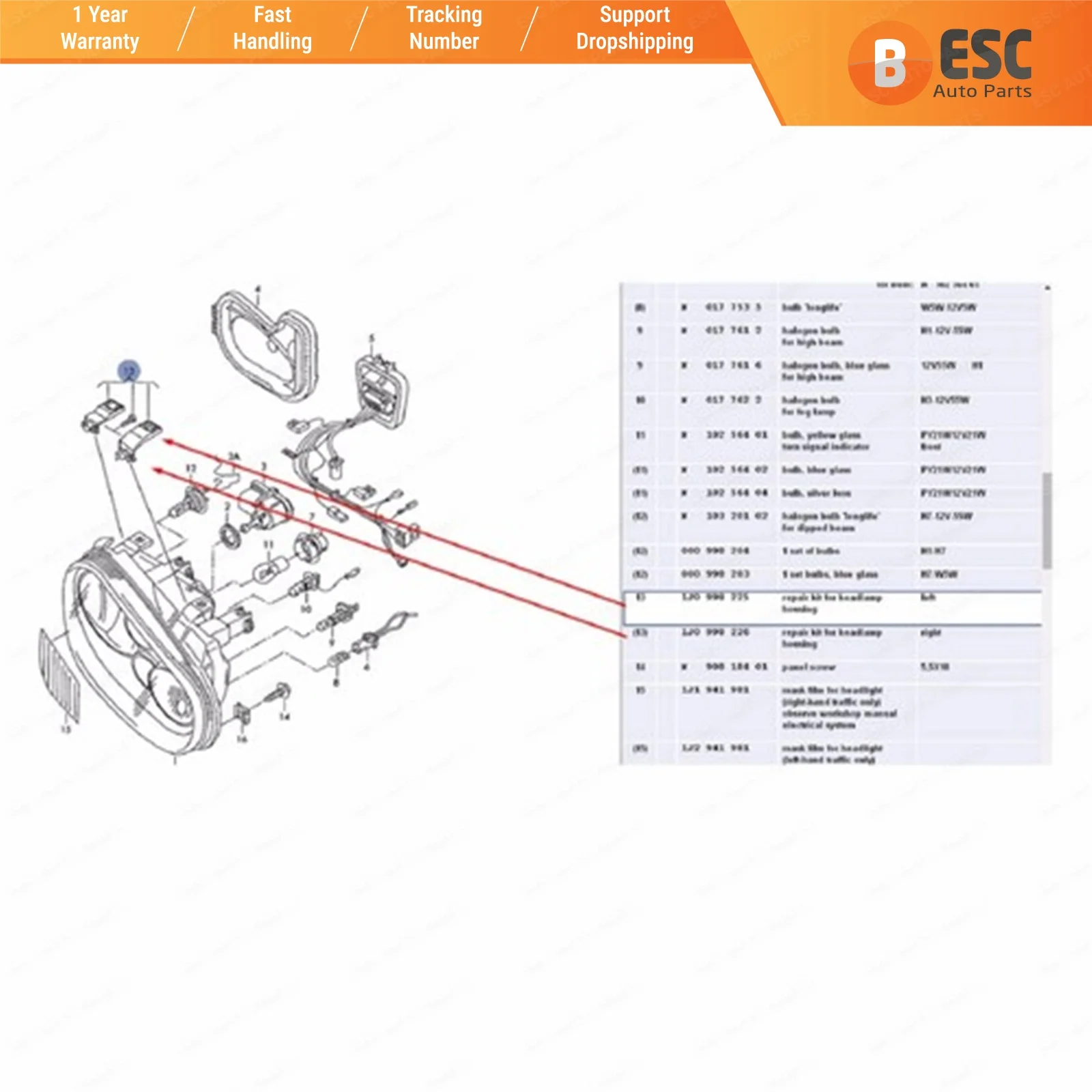 ESC EHL502 комплект для ремонта корпуса фары правая сторона: 1 J0 998 226 VW Golf MK4 1997 2006| |