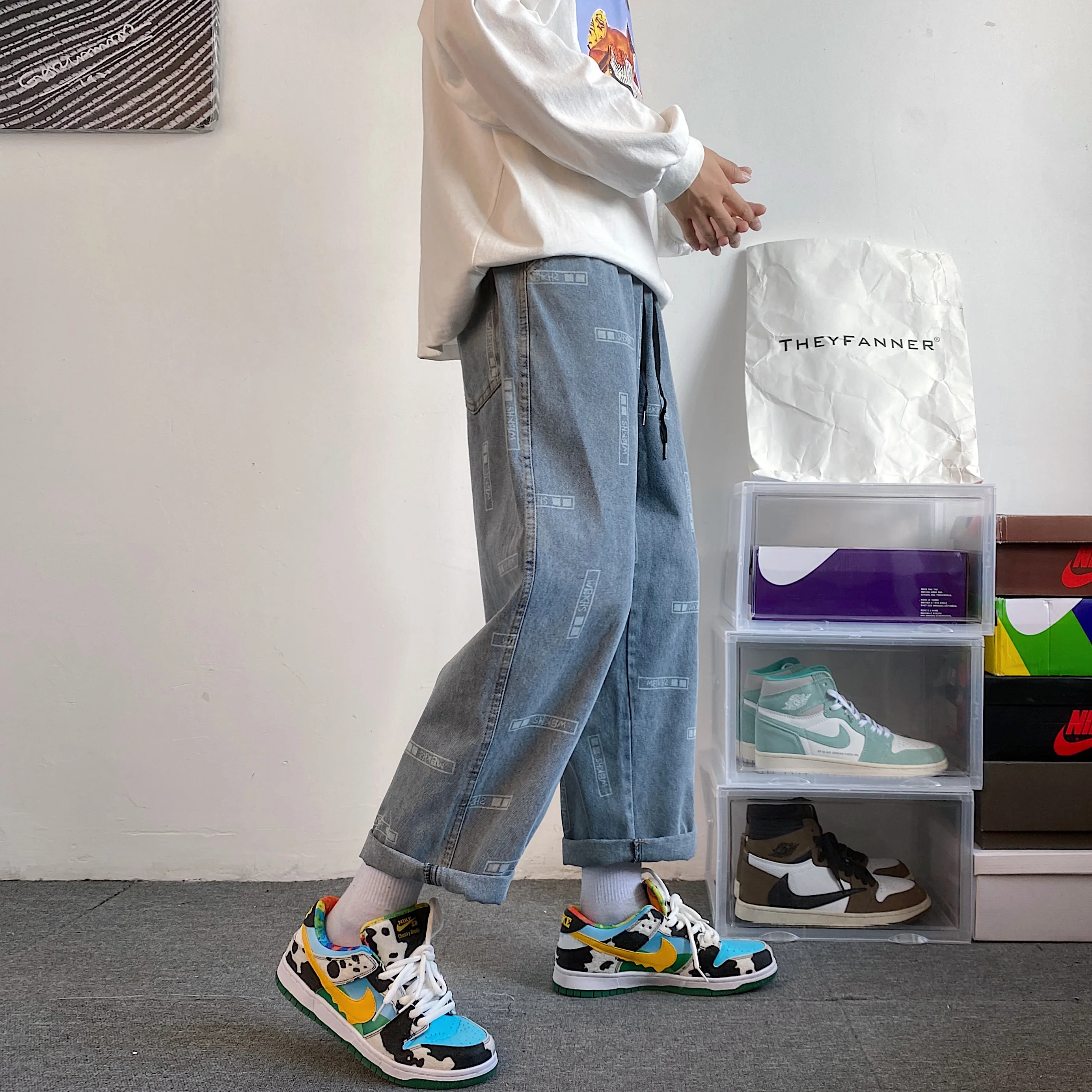 High Street Letter Print Straight Baggy Blue Jeans For Men Casual Korean Fashion Denim Trousers Y2K Streetwear Clothings