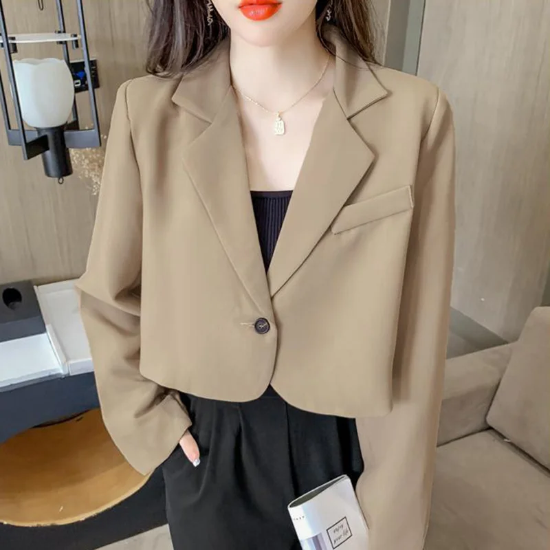 

2023 Lucyever Korean Cropped Blazers Women Solid Color Simple Single-button Outwear Teens All-match Long Sleeve Office Suit Jack