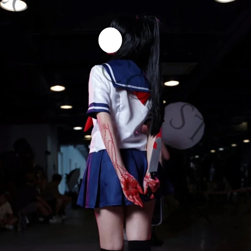 Фото Костюм для косплея Аяно Айши из игры Yandere, бело-синяя матросская форма, красный галстук-бабочка и плиссированная юбка, парик, полный комплект. №4