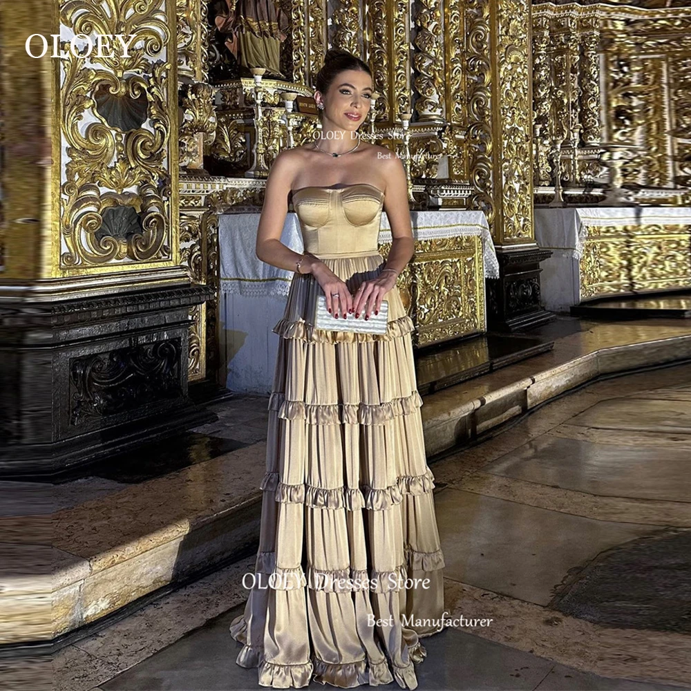 

OLOEY, шелковые атласные вечерние платья-трапеции без бретелек, Многоярусное длинное женское официальное платье, праздничное платье