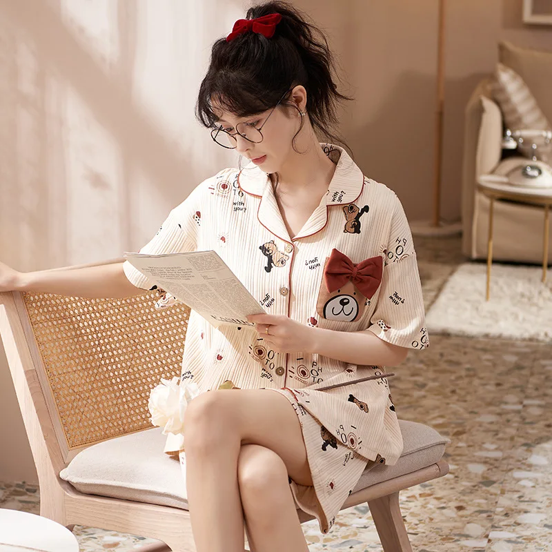 Ensemble Femme 2 Pièces Summer Women's Pajamas Home Clothes Pure Cotton V-neck Cardigan Short Sleeve Shorts Sleepwear