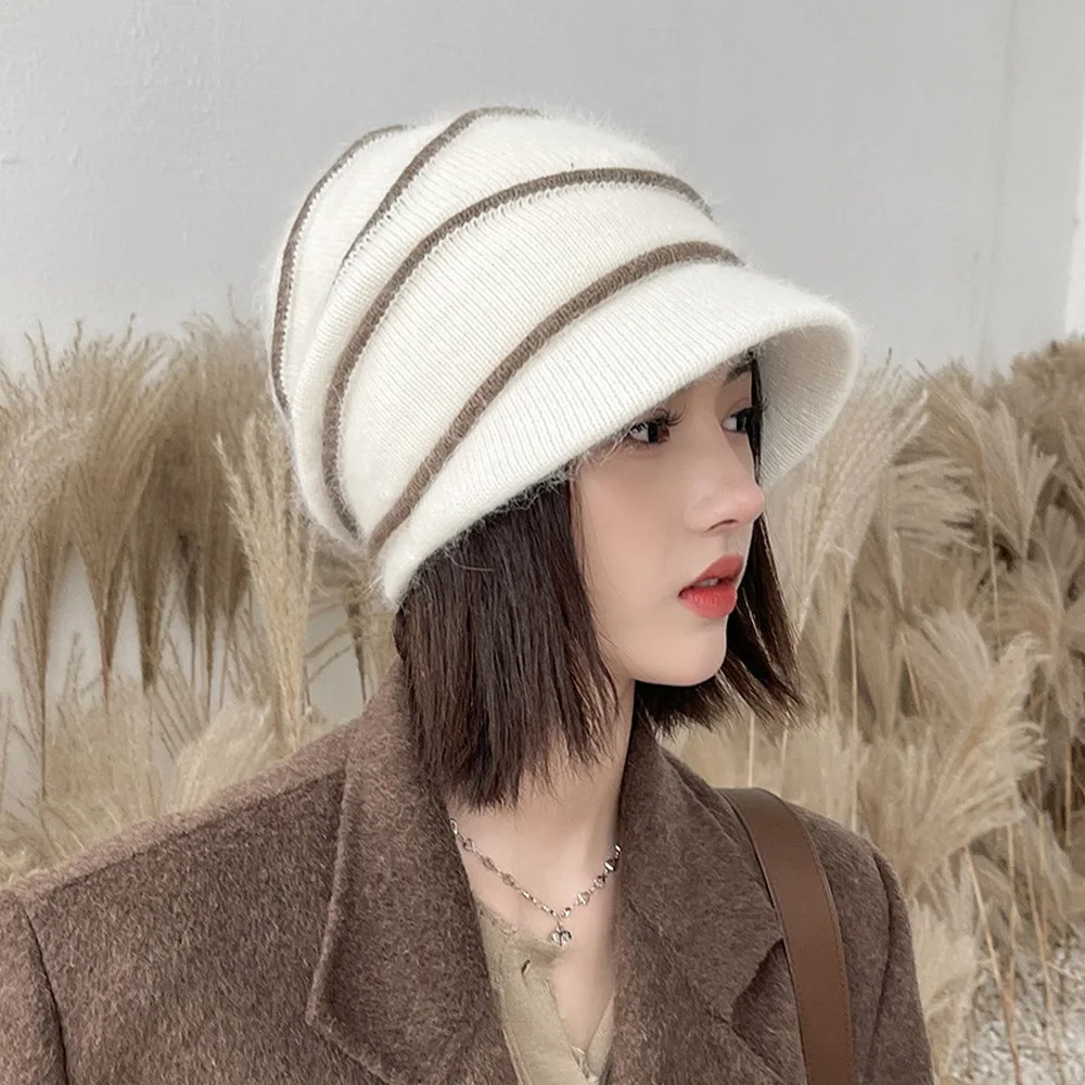 Women Autumn And Winter Hat Beanie Hedging Cap For Female Rabbit Fur 56-58cm Striped Design Small Brim Soft Warm Ladies WY0229