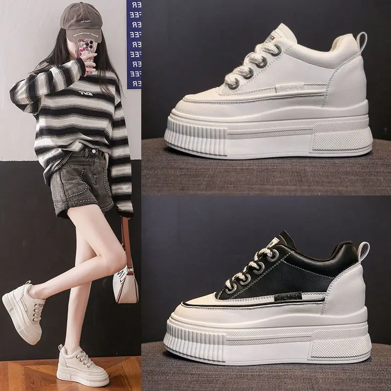 Height Increasing Insole Leather Women's 2023 New Spring Thick Bottom Soft Bottom Sports Sneakers Shoes 7cm