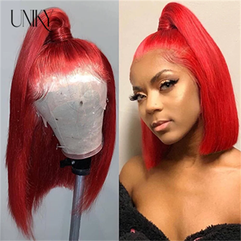 

Red Blunt Cut Bob Wig Deep Part Human Hair Lace Wigs Straight Bob Wig For Women Remy 13x4 T Part Lace Bob Wigs With Baby Hair
