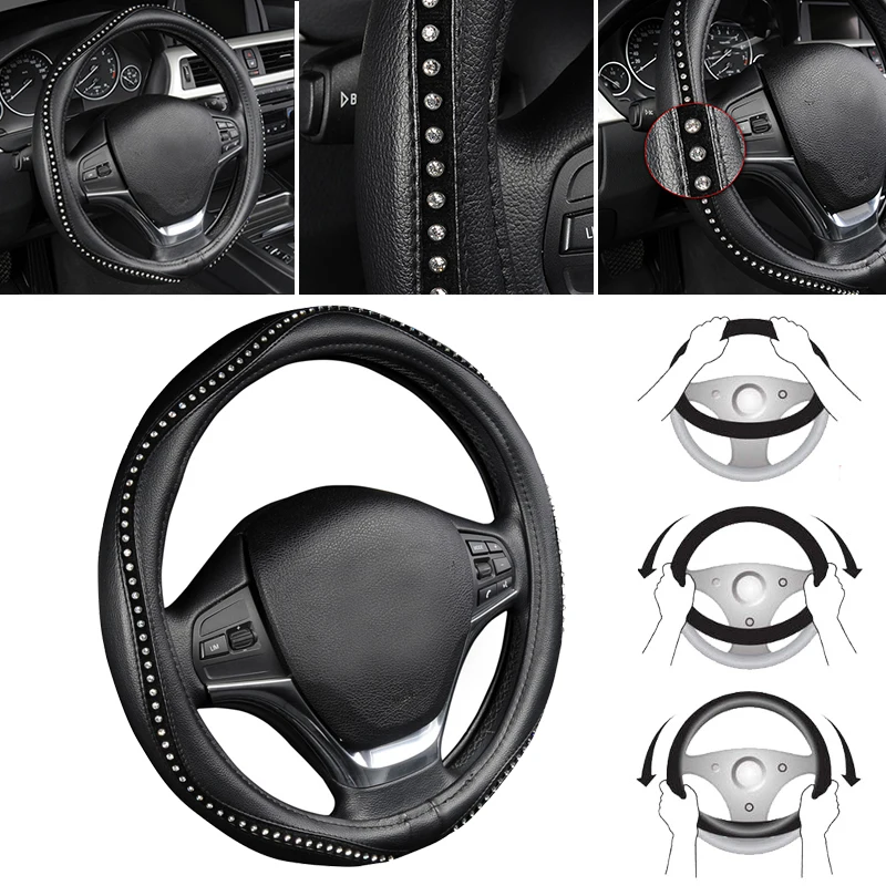 

Fashion Steering Wheel Cover Black Lychee Pattern with Luxury Crystal Rhinestone M size Fits 38cm/15" Diameter