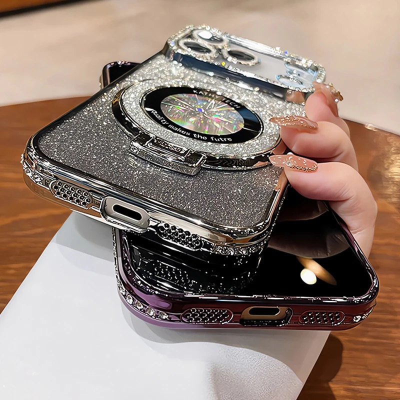 Фото Чехол-бампер Magsafe с магнитным держателем и стразами для iPhone 17 Pro Max Air 16, 11, 12, 13, 14, 15 Plus, чехол-бампер с бриллиантами №4