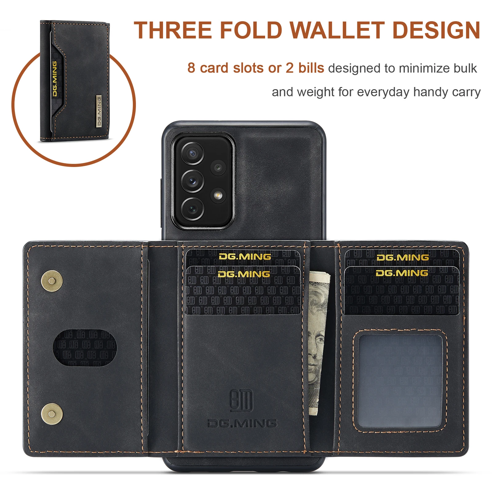 Wallet Case for Galaxy A73 A53 A33 A13 A72 A52 A42 A32 A22 A12 A03S A71 A51 Leather Zipper Detachable Magnetic Card Pocket Case