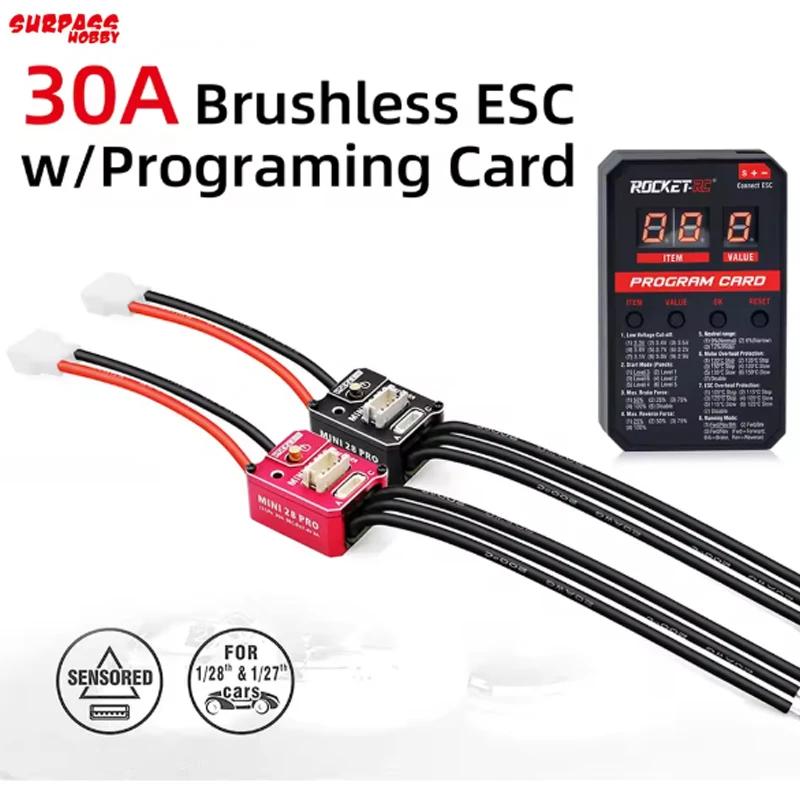 Фото ROCKET-RC 30A Бесщеточный ESC со светодиодной программируемой картой Combo MINI 28 Pro 2S LiPo BEC 3A 6 В/7,4 В для обновлений радиоуправляемого автомобиля 1/28 1/27 №2