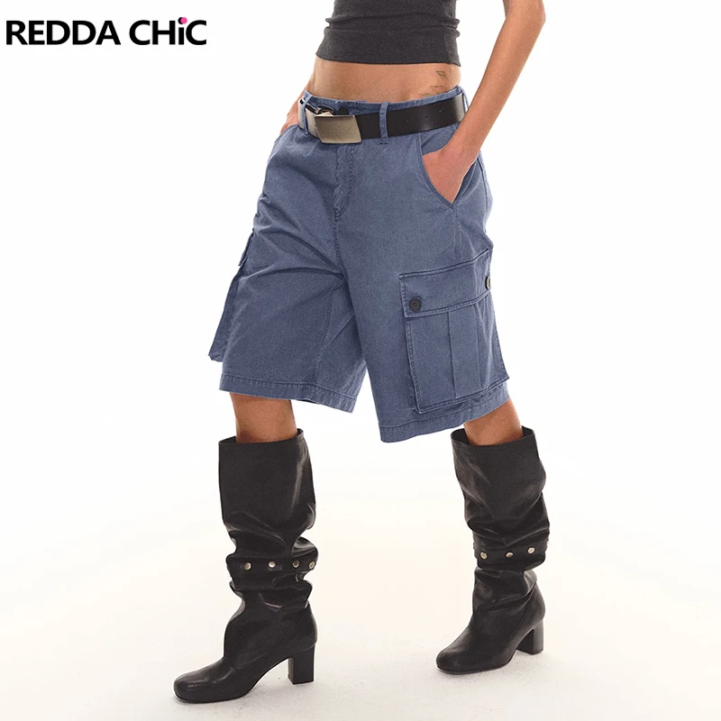 Фото Женские джинсовые шорты-карго REDDACHiC в винтажном стиле, однотонные, с множеством карманов, с низкой посадкой, свободные, широкие, в стиле бермуды, для выхода на улицу, уличный стиль №1
