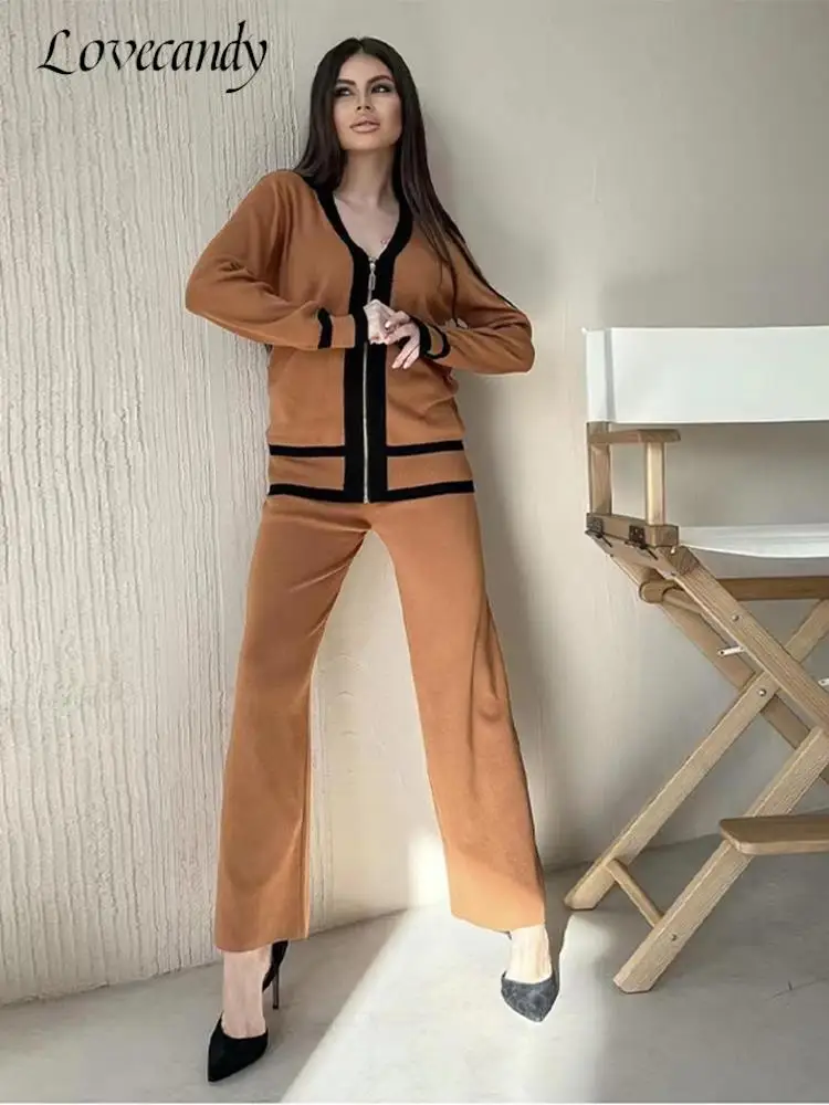 

Knitted Women's Trousers 3 Piece Sets Contrast Zipper V-Neck Cardigan And Straight Pants Suits 2022 Autumn Female Knit Outfits