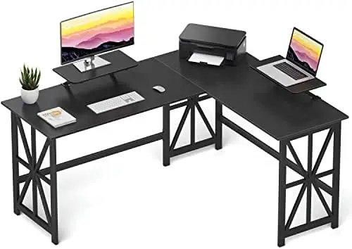 

Shaped Desk with 2 Monitor Stand, 63.8 inch Reversible Corner Computer Desk for Home Office Study Gaming Workstation Crafting Ta