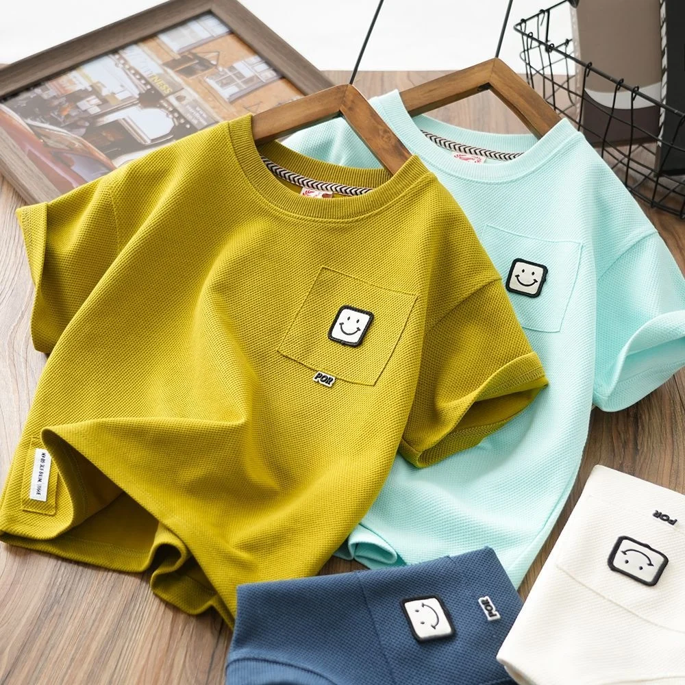 

Children's Wear Summer New Waffle Smiling Face Short Sleeve T-shirt Big Boys' Round Neck Versatile Trendy tshirts