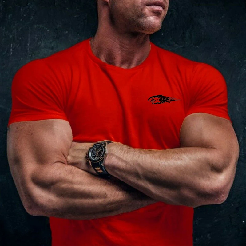 

Shark Print Men T-shirts BodyBuilding Red Cotton Gym Clothes Summer Exercise Wear New Graphic Tee High Quality Luxury Tops 4XL