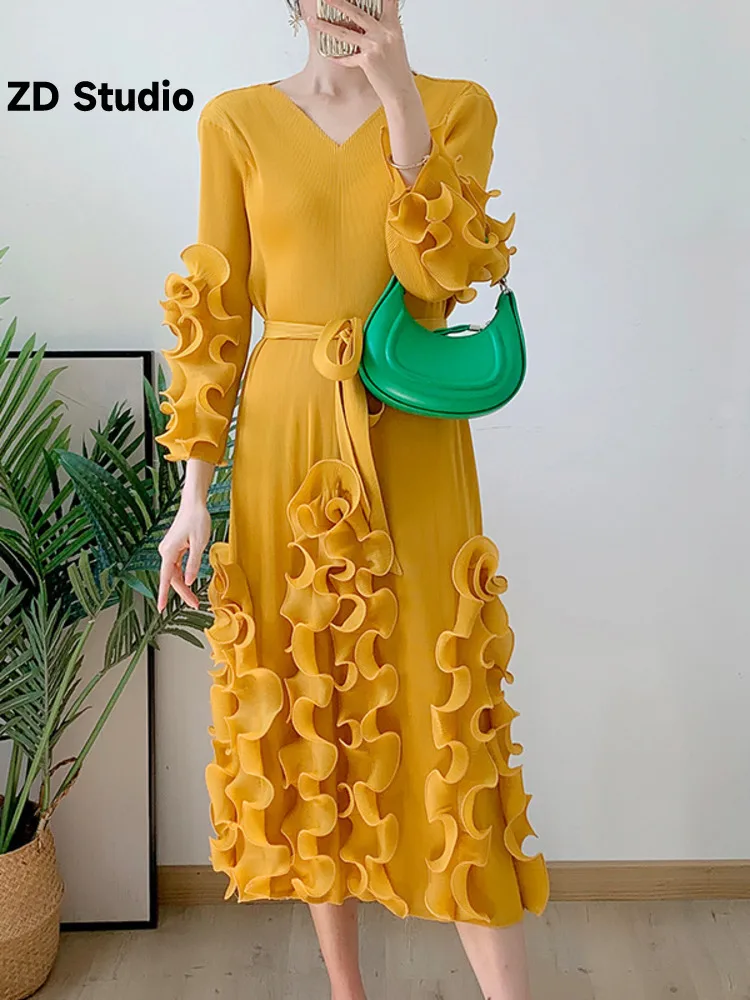 

[ZD Studio] Elegant Ruffles Pleated Dress For Women V Neck Long Sleeves Belt A-line Solid Dresses 2023 Autumn New Clothing
