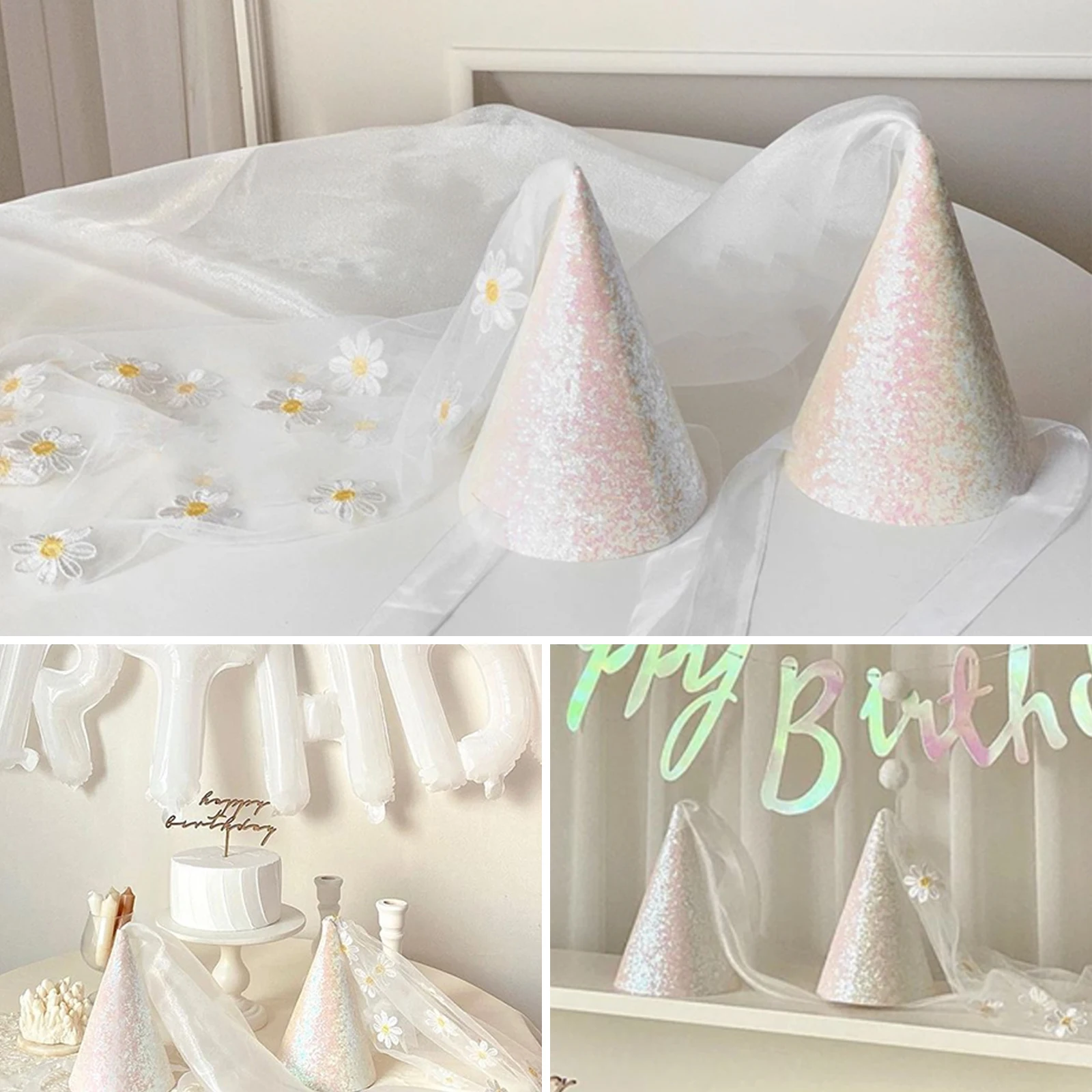 

Cute Daisy Organza Glitter Birthday Hat Party Festive Dress Mesh Hat Baby Full Moon Full Year Birthday Party Photo Prop Hat