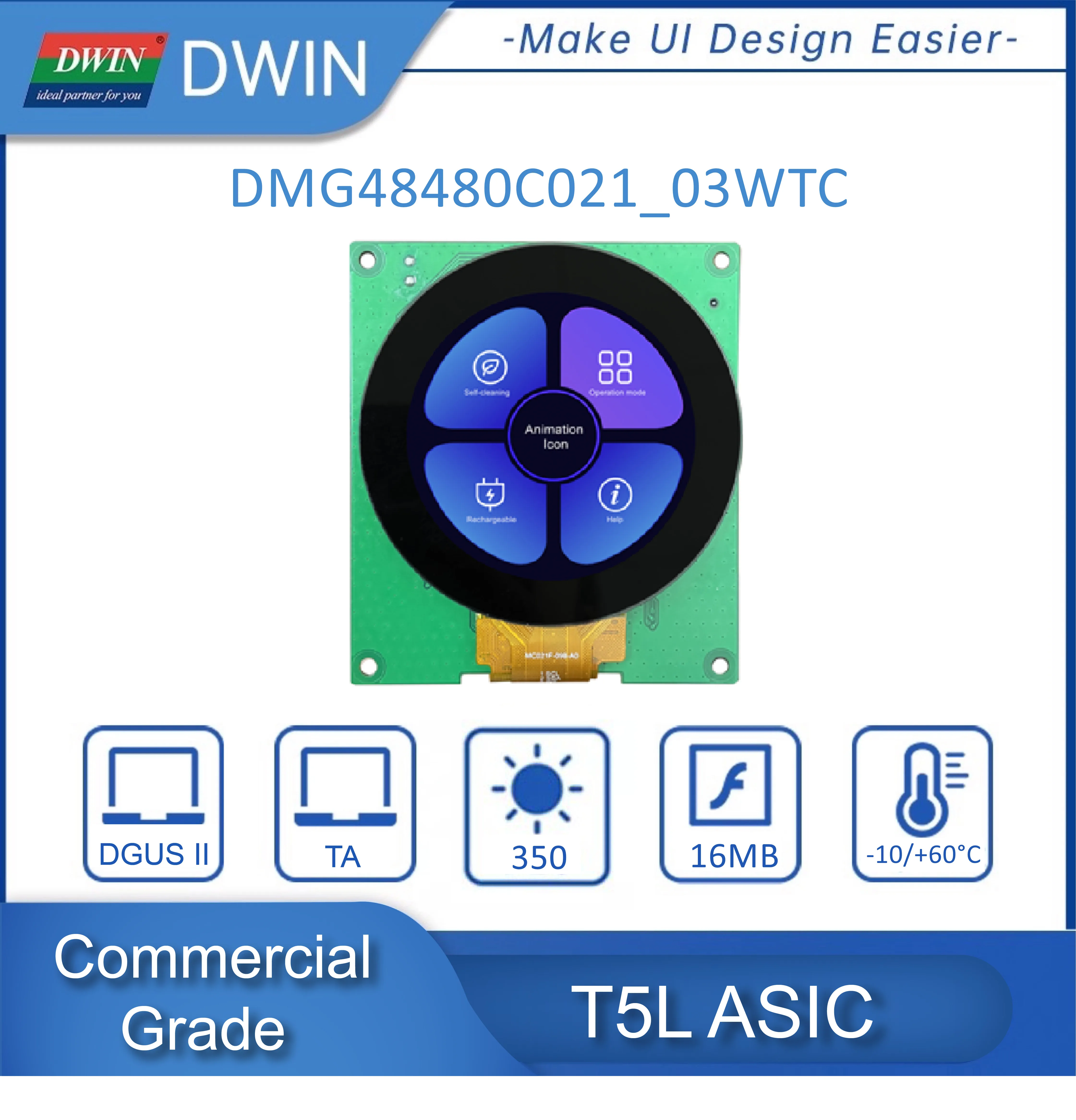 DWIN New Arrival 2.1 Inch Electronic Modules Circular Display IPS Home Automation CTP UART Port Smart LCM  DMG48480C021_03WTC