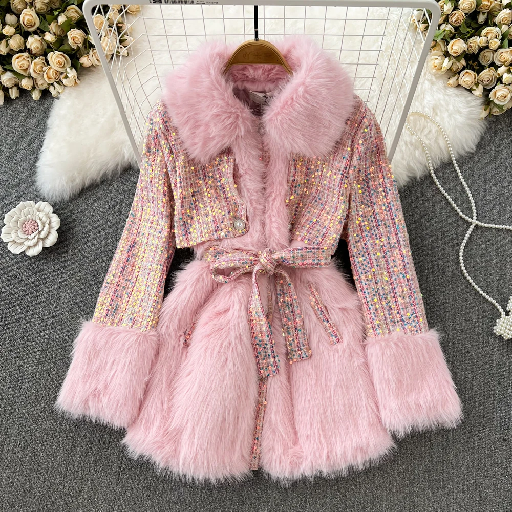 SuperAen Autumn and Winter Vintage Temperament Thickened Tweed Fox Fur Pink Fur Coat Women