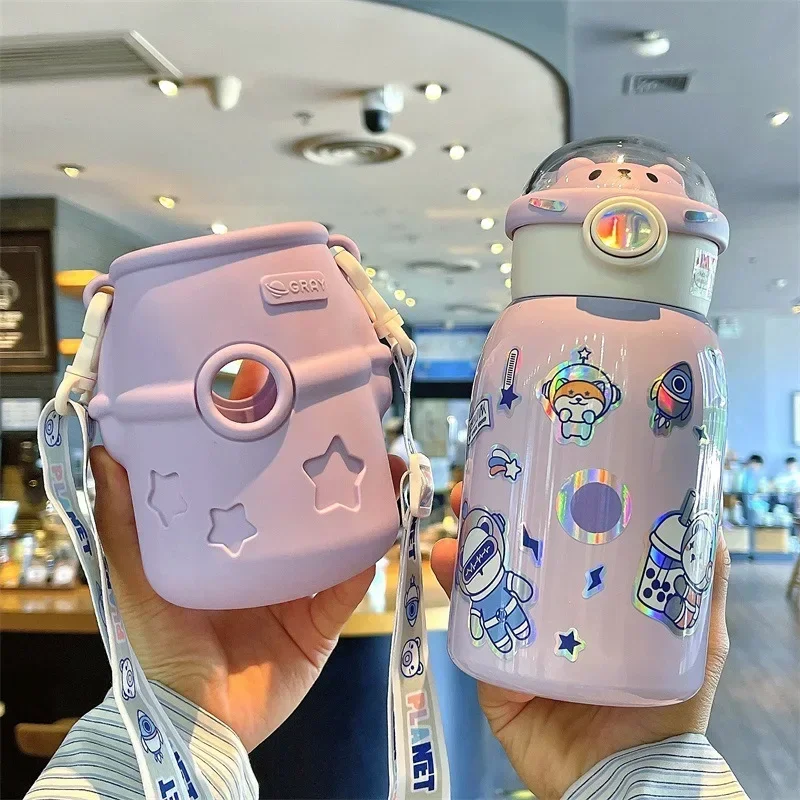 

Cute Thermal Water Bottle for Children Thermos Mug with Straw and Bottle Cover Stainless Steel Insulated Cup Drinkware 500ML