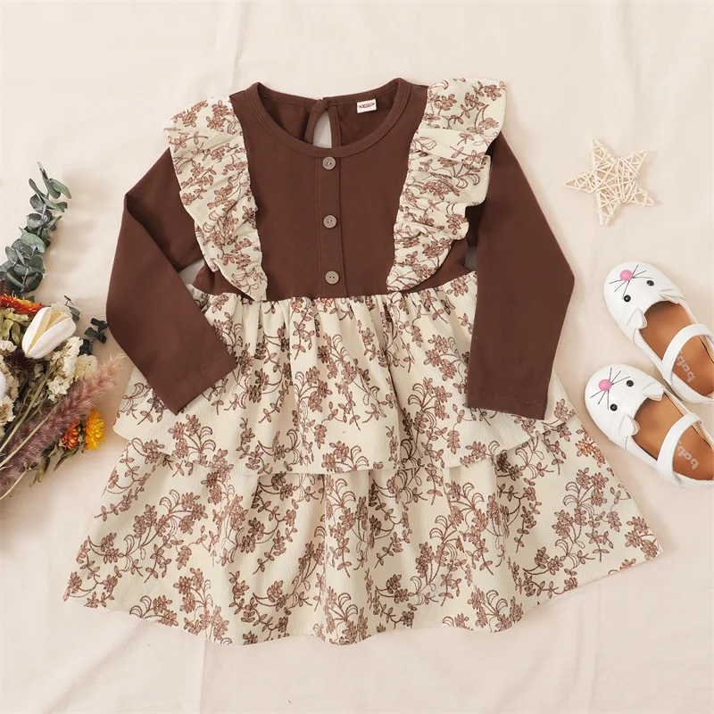 

Hibobi Design Toddler Girl Floral Pattern Long Sleeve Ruffle Dress