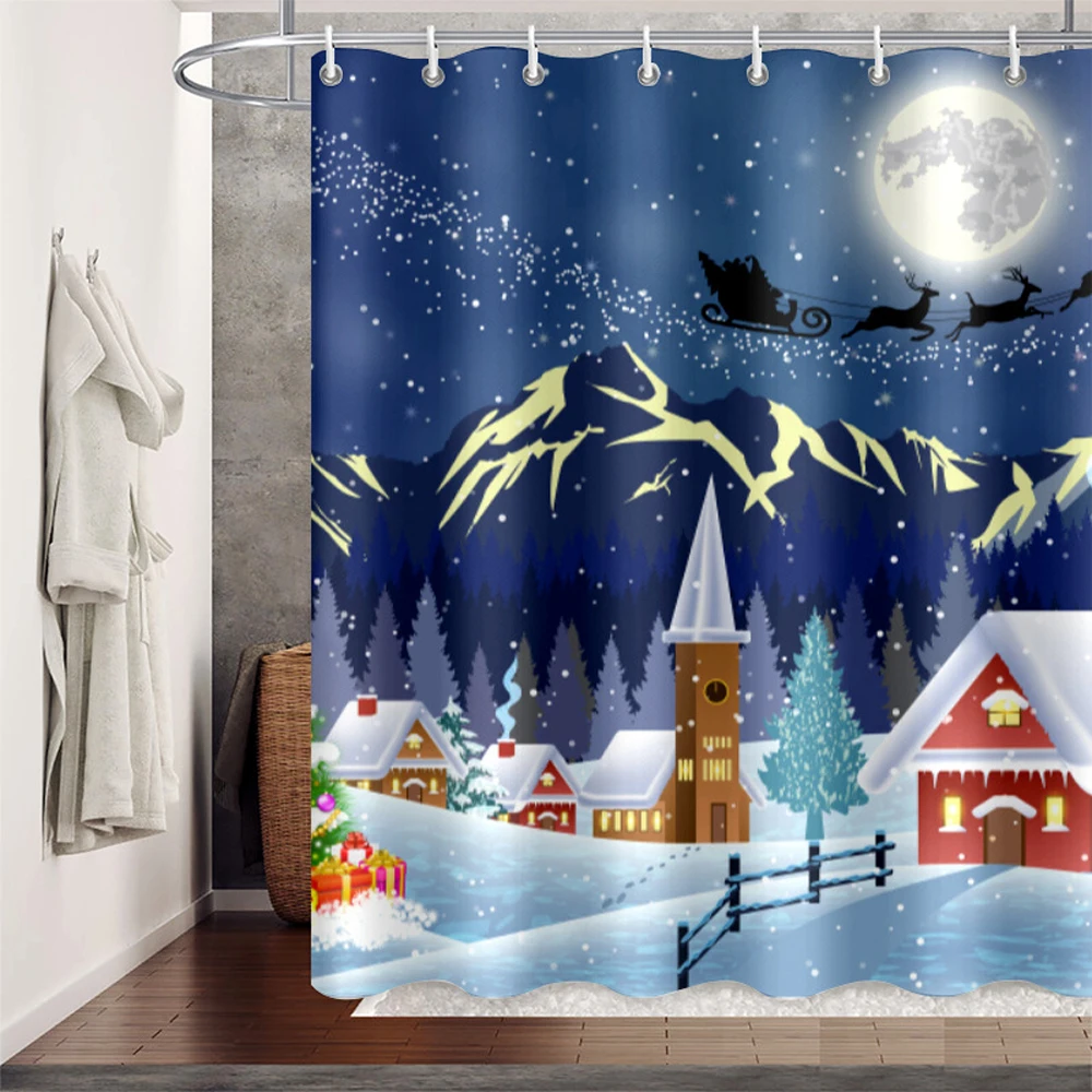 

Nature Forest Xmas Snowy Scenery Shower Curtain Winter Christmas Reindeer Farmhouse Waterproof with Hooks Bathroom Bath Curtains