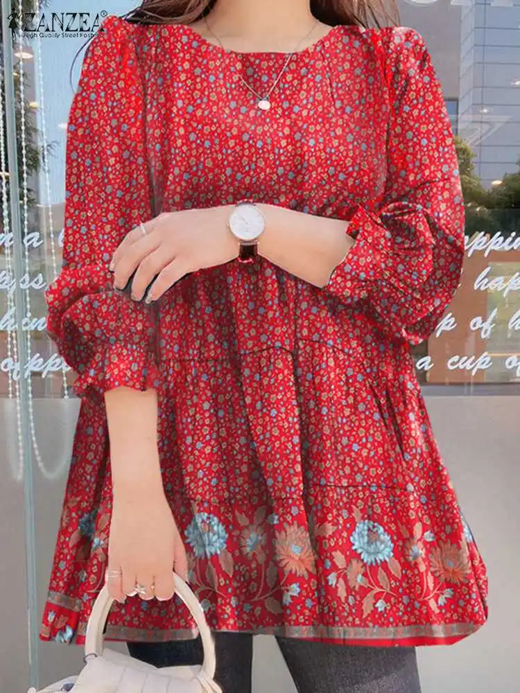 

2022 Summer Puff Sleeve Blouse ZANZEA Women Ruffles Tops Tunic Spring Oversized O Neck Back Button Floral Printed Tops Pullovers