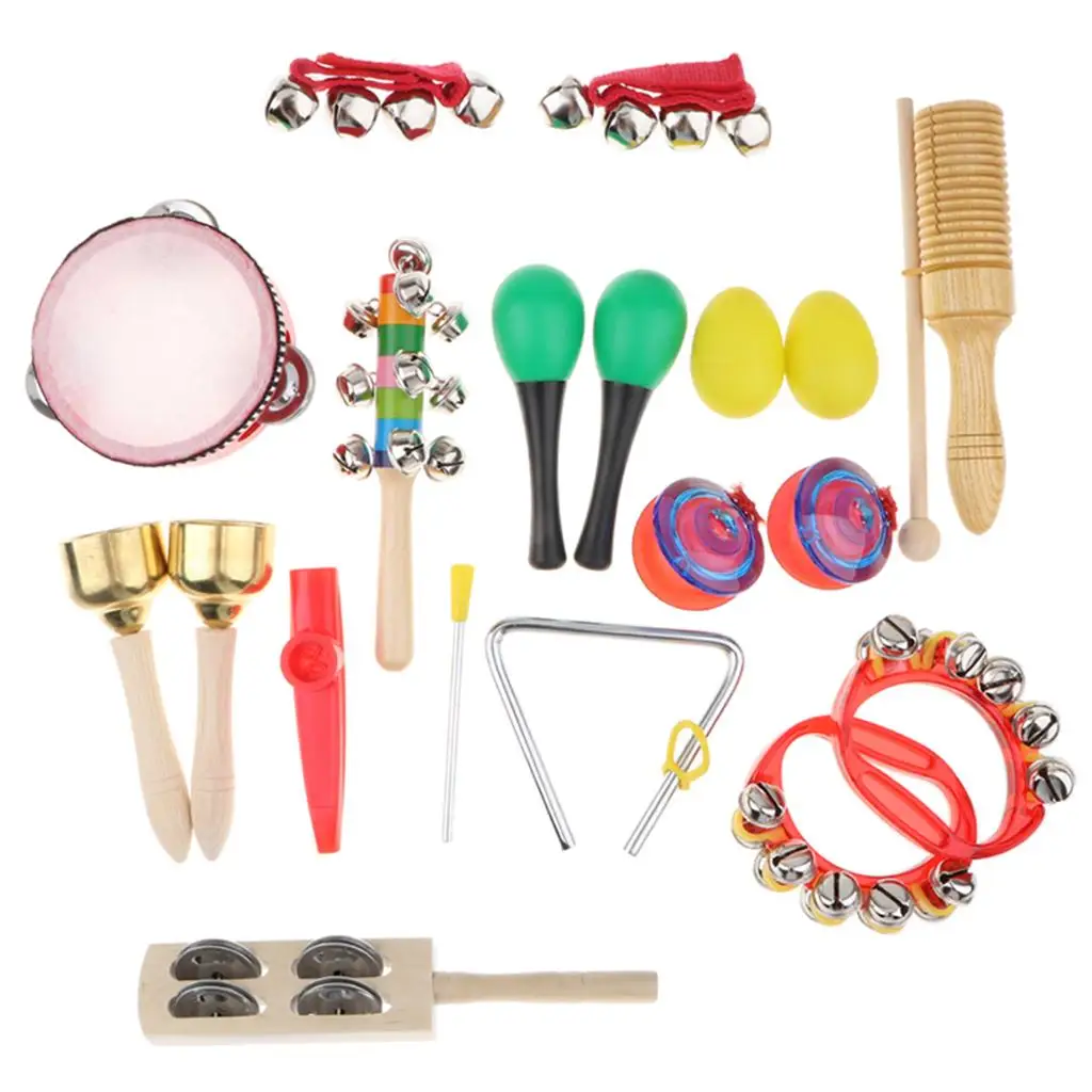 Musical Instruments 18 pcs 12 in 1 Music Rhythm Percussion Toy Set Educational for Kids Tambourine Claves Handbell Bag