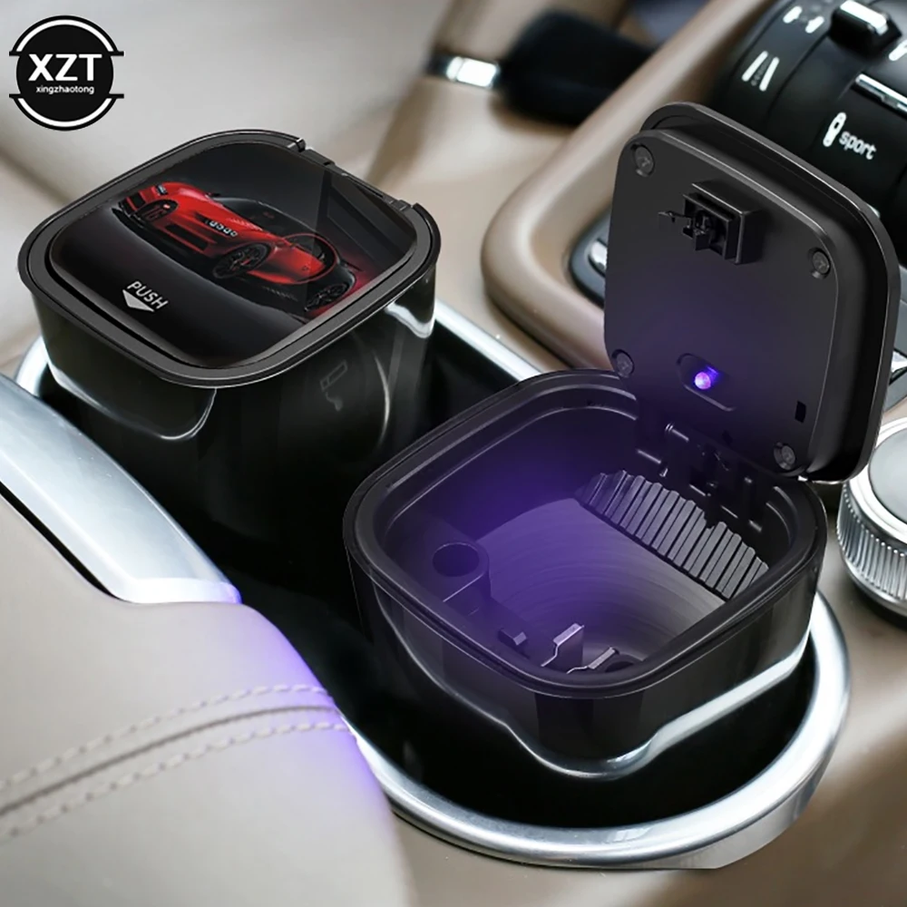 

1PCS Car Ashtray Multi Function Ashtray With Blue LED Light Cover Automatic Smoking Car Interior Flame Retardant Accessories