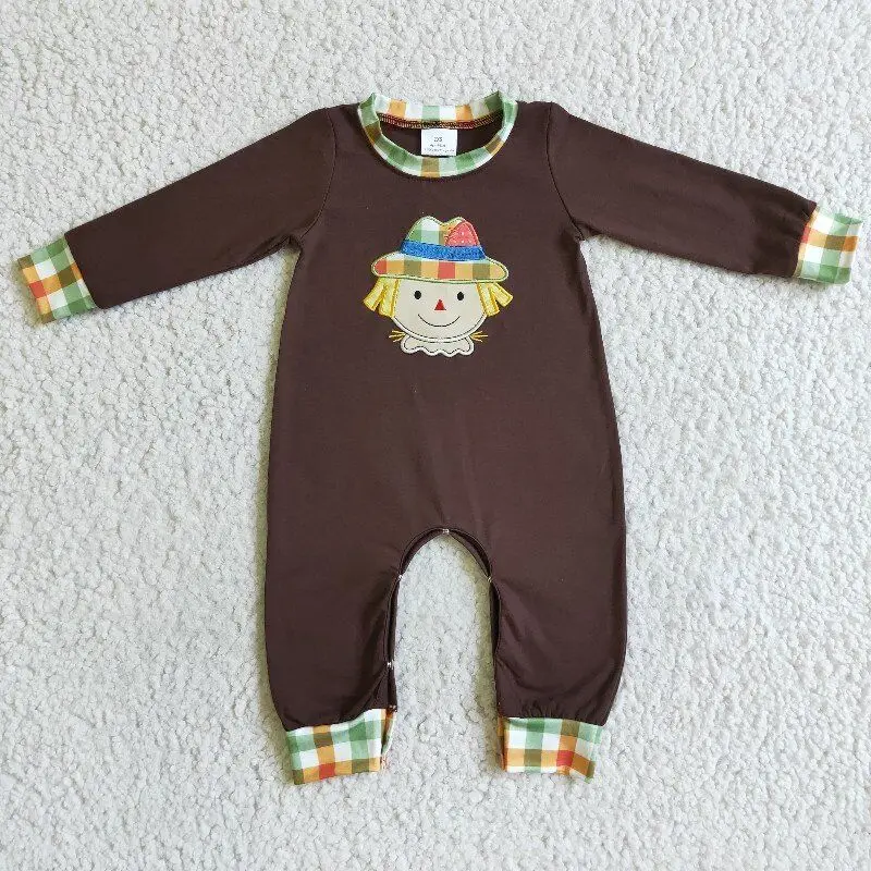 

2022 boutique boys romper embroidery pattern brown long sleeve button design autumn winter 100% cotton kids romper