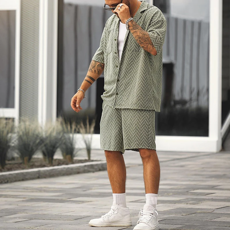 

Vintage Men's Clothing Two Piece Suit Sportswear Summer Casual 2023 Fashion Button-up Lapel Shirts And Shorts Set Men Streetwear