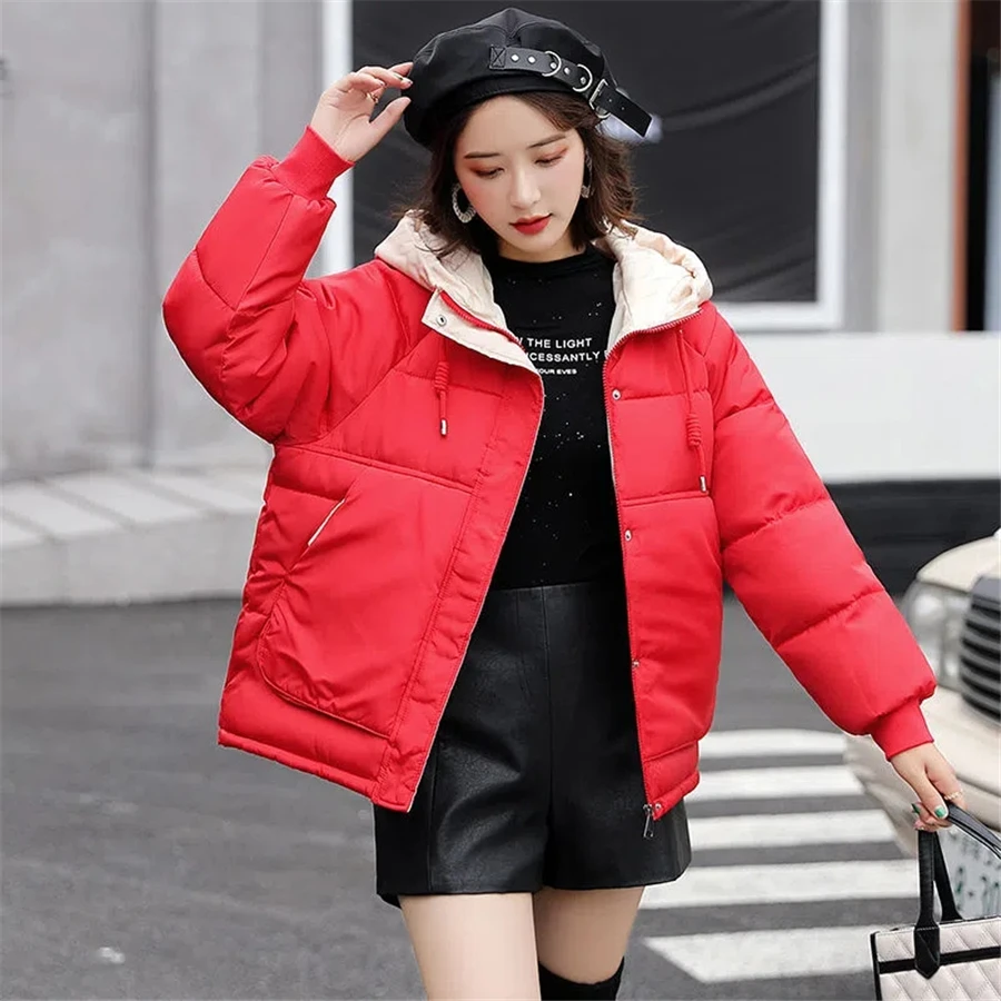 Oversized Winter Hooded Warm Thicken Fluffy Women Jacket Short Basic Solid Parka Loose Korean Coat Waterproof Snow Wear Outwear