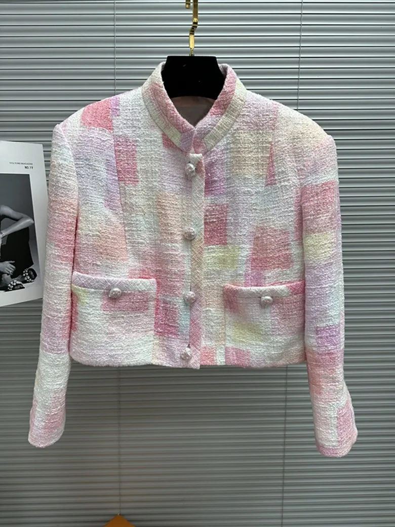 

Женский твидовый пиджак в клетку, новый дизайнерский пиджак с воротником-стойкой, весна 2023