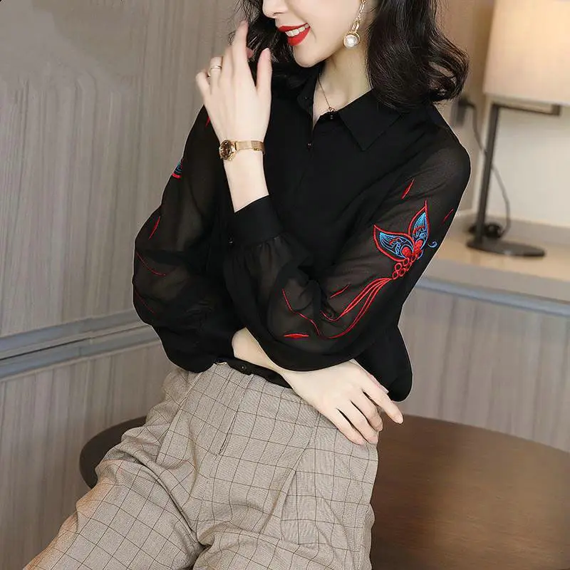 

Chiffon Shirt Women's Long Sleeve 2022 Autumn New Style Temperament Loose Fashion Embroidered Shirt Trend