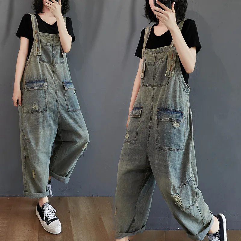 

2023 Summer New Vintage Hole Denim Suspenders Women Korean Fashion Rompers Nine Points Jumpsuit Female Loose Straps Jeans H2822