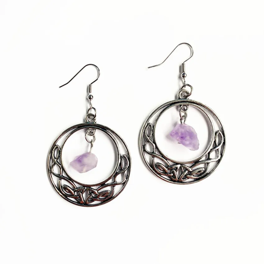 

FYSL Silver Plated Round Hollow With Irregular Shape Natural Amethysts Stone Dangle Earrings for Women Jewelry