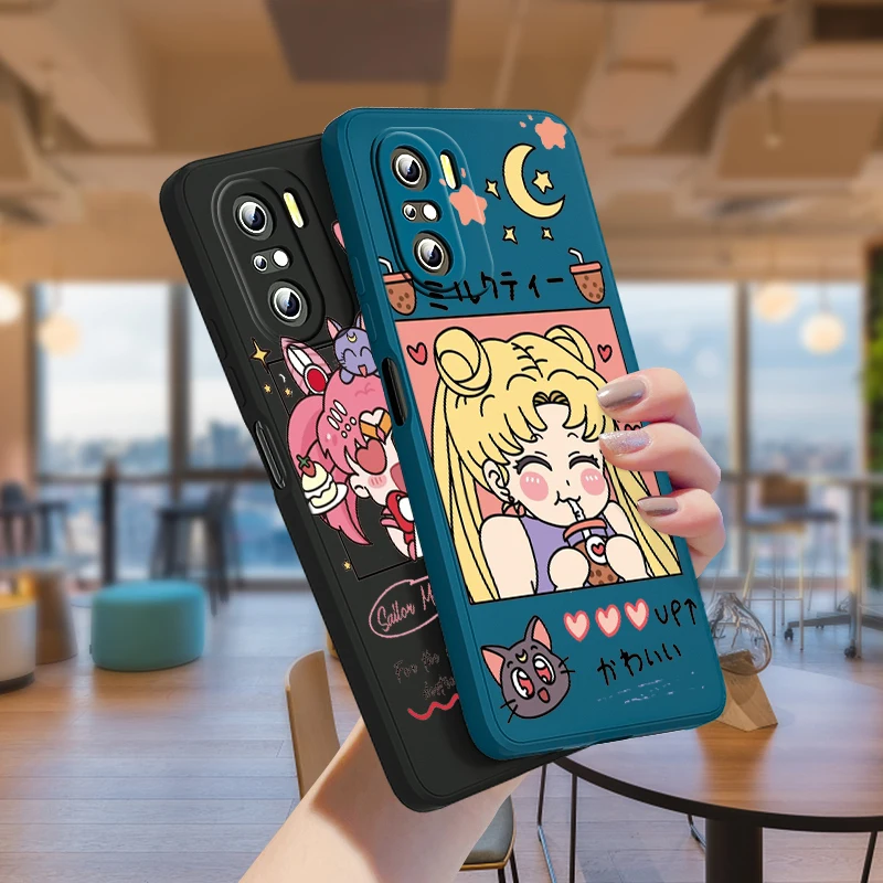 

Cartoon Girl Sailor Moon For Xiaomi Redmi Note 11 10S 10 9S 9T 9 8T 8 Pro Plus 7 6 5 4G 5G Liquid Silicone Soft Rope Phone Case