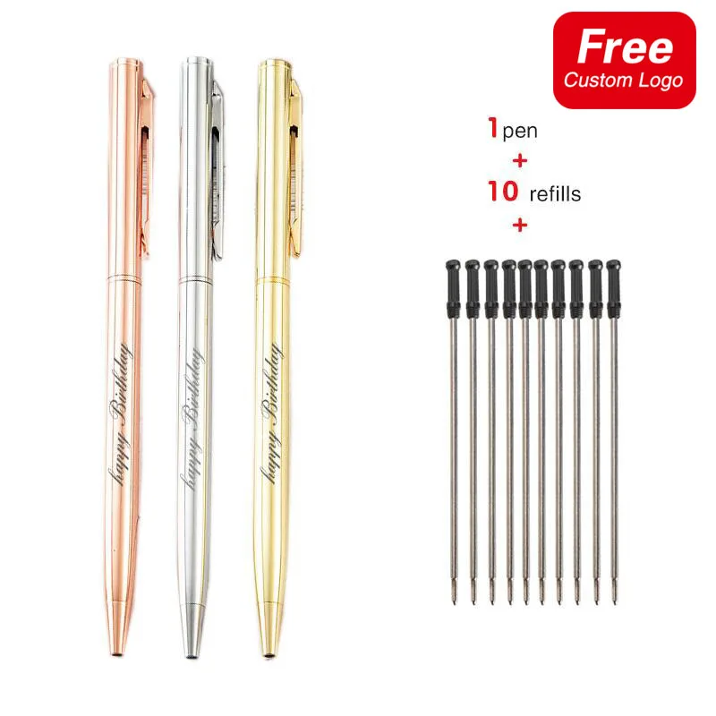 

1pen+10refills Minimalist Style Metal Ballpoint Pens Laser Carving Personalized Logo Business Office Supplies Student Stationery