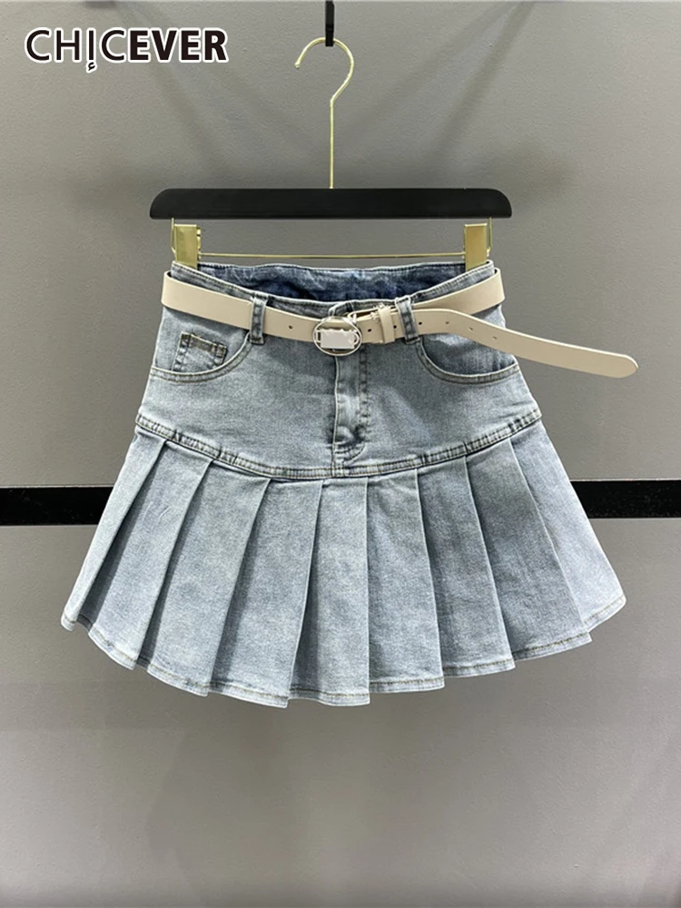 

CHICEVER Slimming Casual Plain Denim Skirt For Female High Waist Sashes Lace Up Mini Pleated Skirts Female 2022 Fashion Clothing