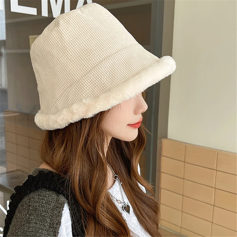 

Панама женская зимняя из искусственного меха, модная однотонная теплая шерстяная шапка от солнца из плюша, с флисовой подкладкой